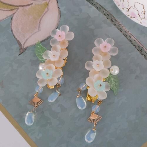 FORSEVEN 1 Pair Retro Pink Chinese Dress Decoration Hairclip Bead Tassels Floral Hairgrip Hairpins for Women Girl Wedding Party