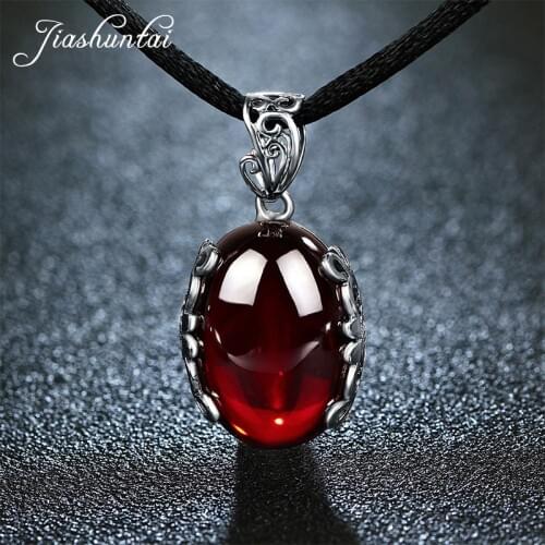 JIASHUNTAI Retro 100% 925 Sterling Silver Pendant For Women Vintage Natural Green Chalcedony Garnet Pendant Jewelry Female