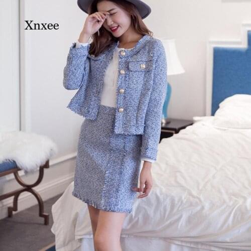 2021 Autumn and Winter Fashion Suit Womens Single-Breasted Short Jacket Coat + High Waist Tassel Tight Mini Skirt Suit