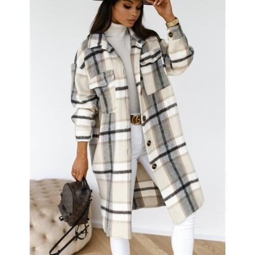 Womens Fashion Long Plaid Coat Wool Blend Autumn Shirt Coat Woolen Coat Winter Women Clothing Loose Casual Lapel Ladies Blends