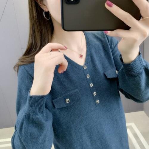 Zone O 21] 7390 real shot solid color V-neck button thin knitted base coat 41