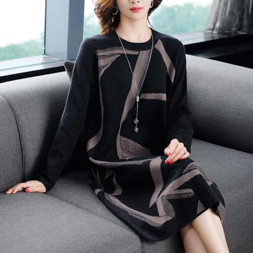 Elegant Autumn Winter Sweater Dress Ladies Casual Pullover New Womens Large Size Clothing Embroidered Midi Knitted Dress f2591