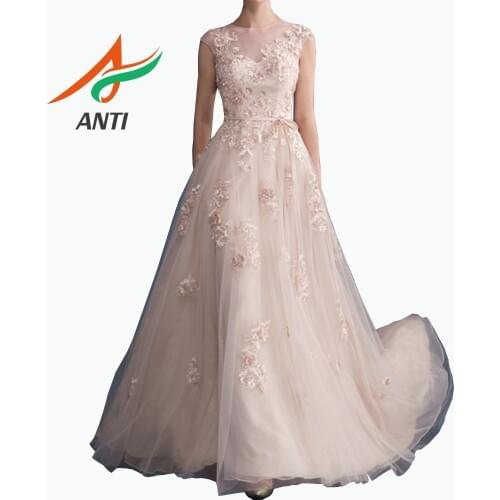 ANTI Elegant Champagne A-Line Princess Evening Dress Long 2019 Tulle 3D Flower Pearls Sequined Formal Gown For Woman robe soiree