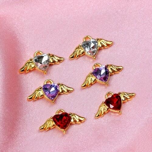 10Pcs 17*10mm Alloy Heart Shape Charms Colorful Crystal Hearts Wing Love Charm For Earring Making Accessories Jewelry DIY Crafts