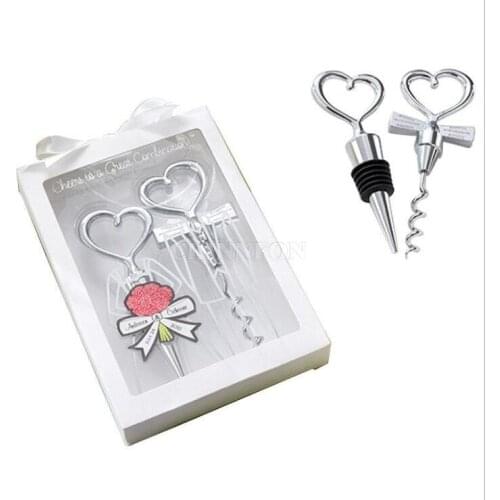 100Pcs/Lot(50sets)/lot Heart Shape Combination Couple Wine Bottle Opener Corkscrew And Stopper Set Wedding Souvenirs For Guest
