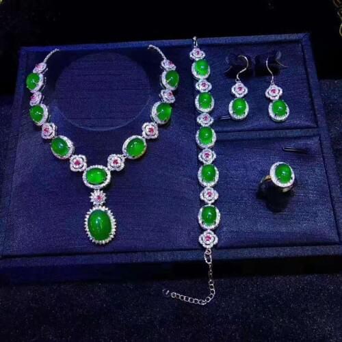 Jadery Luxury 4pcs Jewelry Sets Women Natural Green Jade Necklace/Earrings/Ring/Bracelet Silver 925 Jewelry Wedding Christmas