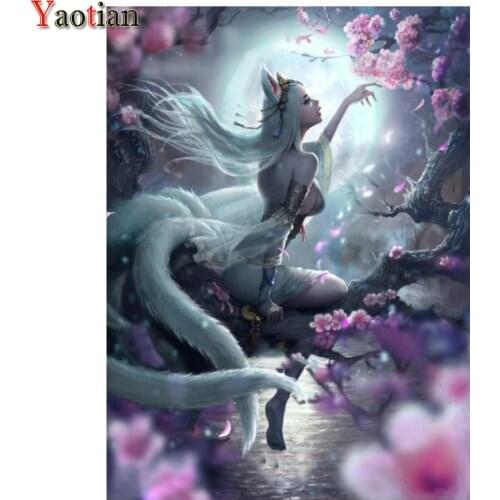 5d diamond painting full square round drill mosaic Abstract art, nine tailed fox fairy Cherry blossom scenery embroidery beads