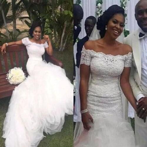 African Mermaid Wedding Dress Off The Shoulder Sweep Train Long Garden Bridal Gown Plus Size Custom Made