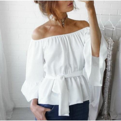 Sexy off shoulder chiffon blouse women Summer flare sleeve lace Bandage blouse White Black Elegant Slash neck beach party blusas