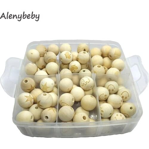 Wooden Round Beads Teether Set Chewable Organic Wood Laser printing Animal Beads Teething Necklace For DIY Craft Jewelry Making