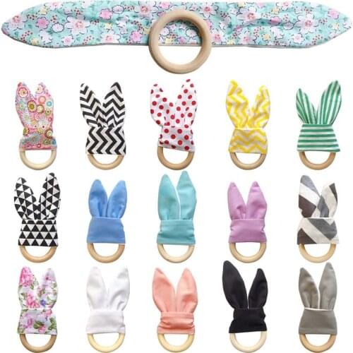 Baby Lovely Wooden Rattle Teether Ring Double Gauze Floral Printed Rabbit Ear Teether Toys Montessori Teether Toys Gifts