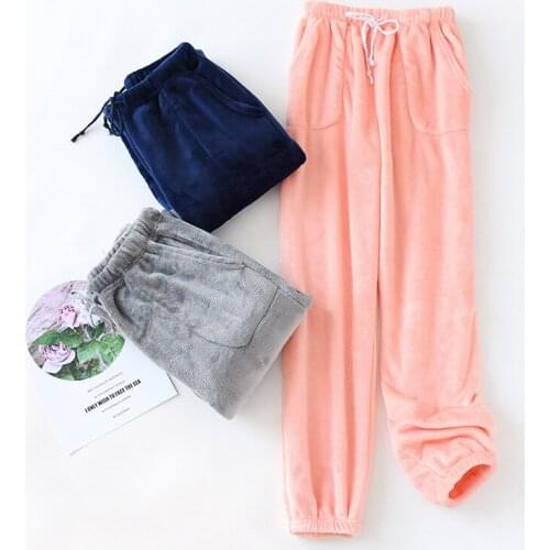 JULYS SONG 2020 Warm Winter Flannel Long Sleep Bottoms for Women Pajamas Loose Solid Color Elastic Waist Pants Female Homewear