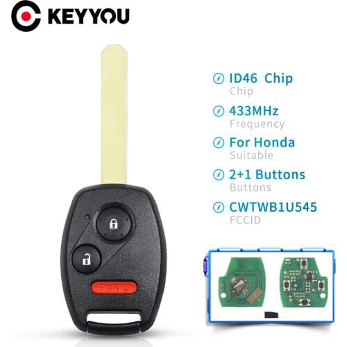 KEYYOU With ID46 Chip 433Mhz 3 2 +1 Buttons For Honda Pilot 2005 2006 2007 2008 CWTWBIU545 Remote Car Key Fob Uncut Blade
