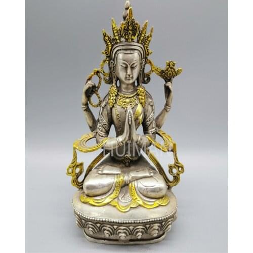 Collect China Fine Workmanship Cupronickel Gilding Sculpture 4 Arms Guanyin Buddha Metal Crafts Home Decoration
