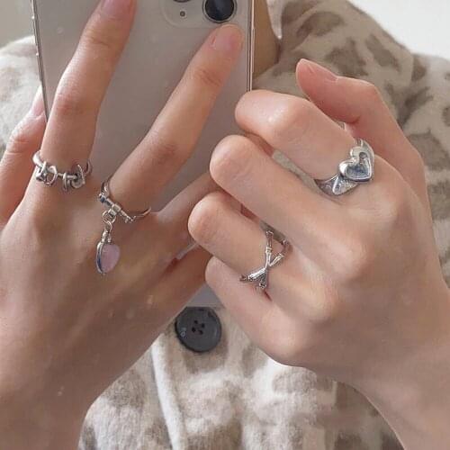 Vintage Punk Zircon Love Heart Belt Metal Pendant Ring Women Trendy Jewelry Silver Color Metal Rings Women Couple Ring Jewelry