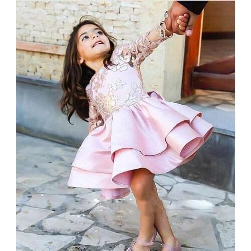 Cute Baby Girl Dresses Ball Gown Jewel Long Sleeve Girls Pageant Dresses for Wedding Party Kid Cloth Photoshoot