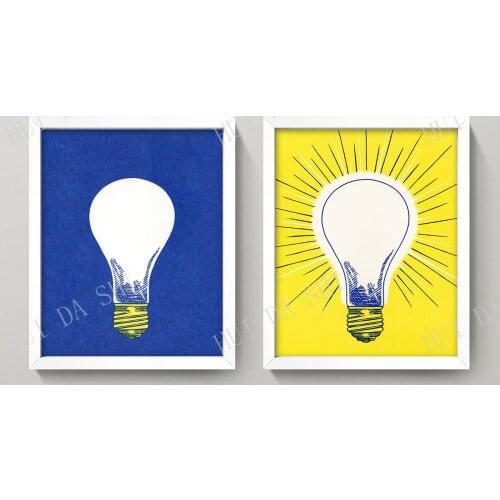 Pop Art Light Bulbs • Tune in Turn On • Bold Blue and Yellow Pop Art Diptych 1970s On Off Idea Graphic Design