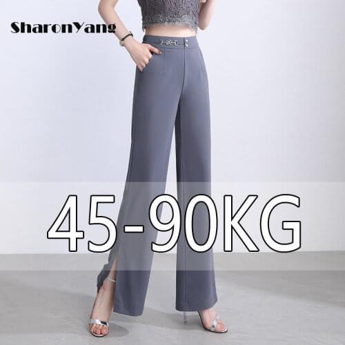 Summer New OL Elegant Womens Baggy Ice Silk Wide Leg Pants Straight High Waist Plus-Size White Black M-7XL Large Size Trousers