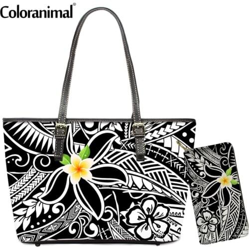 Coloranimal New Trend 2Pcs/Set Shoulder Bag&Wallet Tribal Polynesian Tropical Plumeria and Hibiscus Print Women Crossbody Bolsa