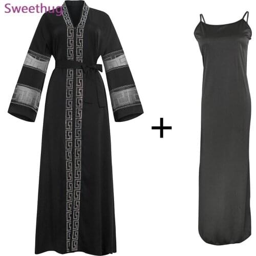New Muslim Dubai Arab Womens Abaya Dress Hot Rhinestone Zip Cardigan Black Robe without Headscarf 2021