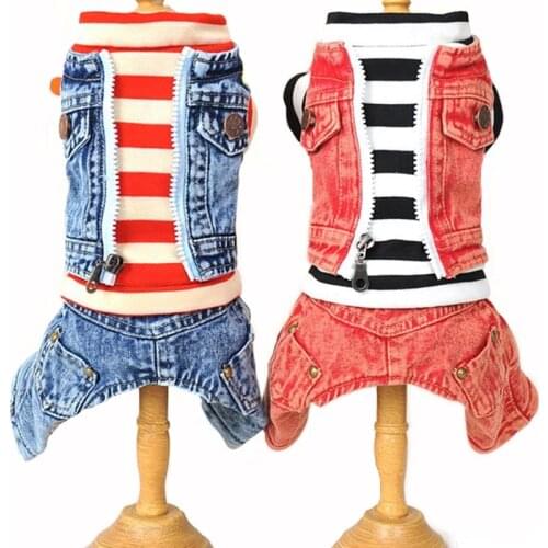 Dog Clothes For Yorkshire Chihuahua Teddy Pet Clothing Winter Warm Jumpsuit Striped Jacket With Denim Overalls Dog Jeans Leisure