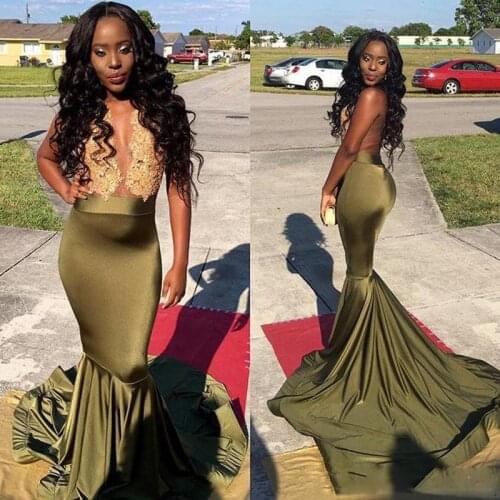 Olive Green African Prom Dresses Gold Lace Appliques Satin Mermaid Evening Gowns Black Girl Formal Party Dress