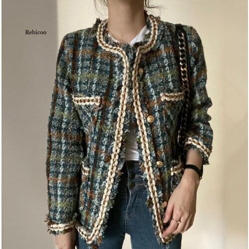 Simple plaid high-quality jacket Female retro temperament round neck Exquisite Ladies Jacket tweed short jacket Women