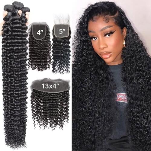 Deep Wave 3 4 Human Hair Brazilian Bundles With 5x5 HD Transparent Lace Closure 13x4 Frontal Virgin Curly Loose Water And