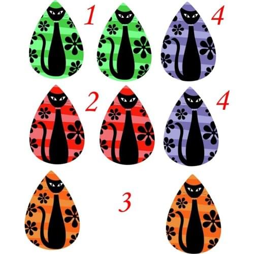 Faux Leather Teardrop Earrings Groovy Flowers with Cat Green and Light Green Print Earrings