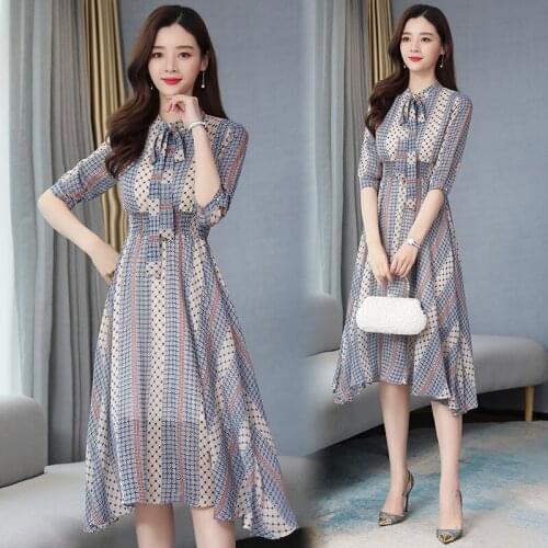 Mujer Chiffon Vestidos 2020 Spring New Popular Womens French Floral Dresses Female Temperament Bow Waist Slimming Dress Z678