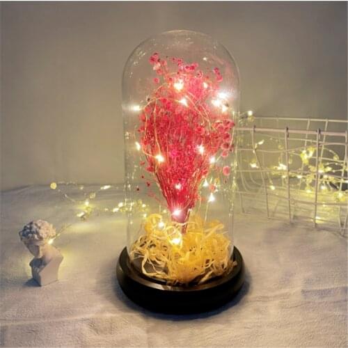 Dried Babysbreath Flower in Glass Dome Warm LED Copper Light Bedside Lamp Gift For Girl Valentines Day Wedding Party Home Decor
