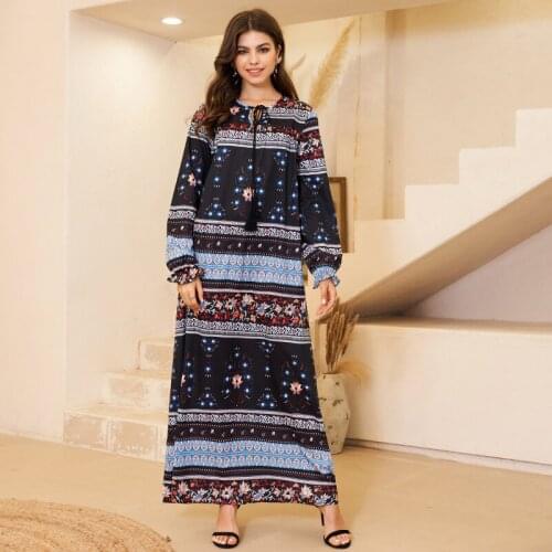 Summer New Style Womens Clothing Fashion Celebrity Vacation Style Long Loose Long Sleeve Round Neck Printing A-line Long Sleeve