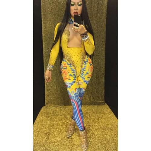 Women Sparkly Rhinestones Sexy Female Jumpsuit Gold Print Rompers Singer Party Court Bodysuit Steel Tube Dance Costumes DJ Show