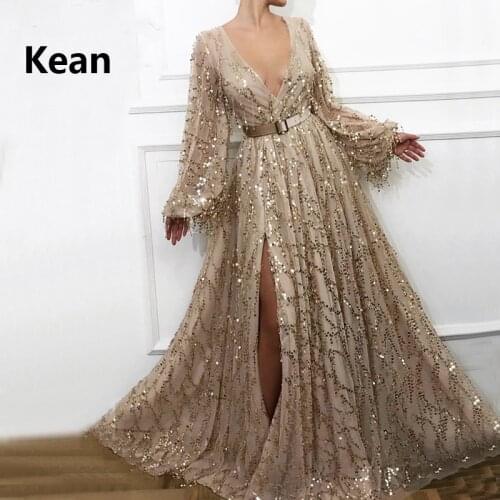 Gold Muslim Evening Dress Bling Lace Full Sleeve Lantern Slit Illusion Islamic Dubai Kaftan Saudi Arabic Evening Boho Prom Dress