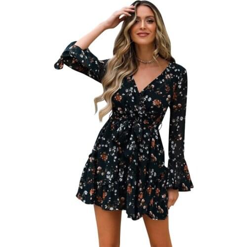 2021 New Women Autumn Long Sleeve Sexy Mini Dresses Flower Ladies Casual V-Neck Short Summer Dresses