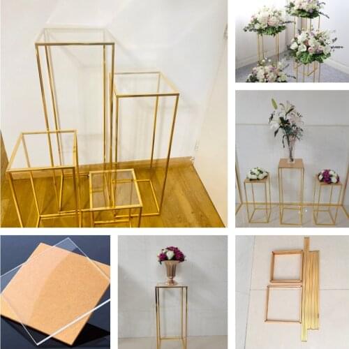 4-8pcs Shiny Gold Iron Plinths Pillar Cake Holder Metal Frame Backdrops Wedding Centerpiece Flower Stand Home Crafts Rack Decor