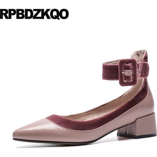 Size 4 34 Velvet 33 Low Heels Pointed Toe High Ladies Pumps Ankle Strap Sweet Genuine Leather Medium Chunky Pink Wedding Shoes