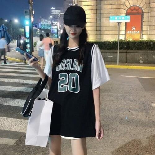 Medium Length Baseball Jacket Short Sleeve T-shirt Womens New Summer Sports Jersey Fake Two Loose High School Student Top