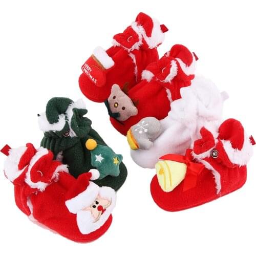 Baby Christmas Booties Winter Warm 3D Cartoon Fleece Socks Crib Shoes Non-Slip Toddle First Walking Shoes