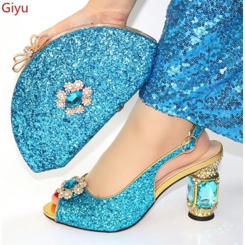 Doershow New Ladies Italian Shoes and Bag Set sky blue African Shoes and Matching Bags Italian Nigerian Shoes and Bag !HFY1-11