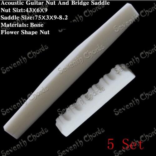 5 Sets Bone Acoustic Guitar Nut and 75mm Bridge Saddle (Nut Size 43x6x9mm / Bridge Size 75x3x9-8.2mm) Flower Shape Nut