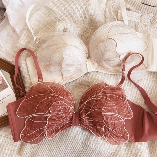 No Straps Solid Lingerie Set Women No Rims Small Breasts Sexy Bras Gather Anti-slip Chest Stick Girl Embroidery Push Up Bra Set