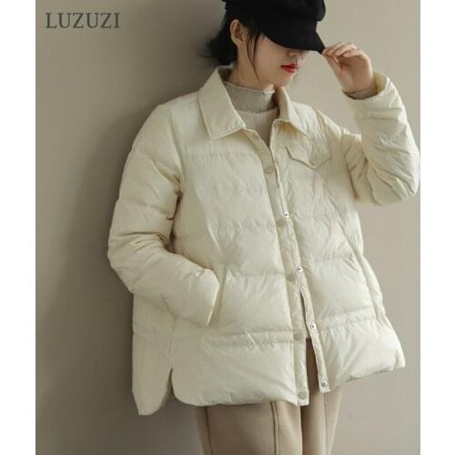 LUZUZI 2021 Autumn Women Lapel Collar Down Coat Ultra Light 90% White Duck Down Jacket Winter Single Breasted Windproof Parkas