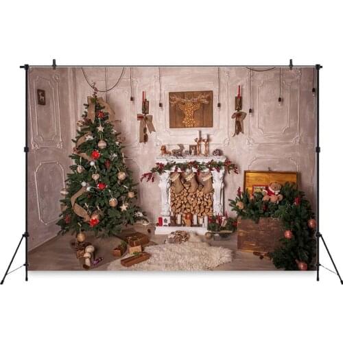 Mocsicka Fotografia Christmas background Fireplace Chrismas tree photography backdrop for kids portrait photo Studio