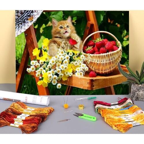 Animal Cat Printed Water-Soluble Canvas 11CT Cross-Stitch Kit DIY Embroidery DMC Threads Handiwork Handmade Craft Design