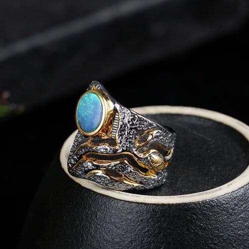 Retro Thai Silver Wholesale Natural Opal Italian Handmade Blue Opal Ring Oval S925 Sterling Silver Open Ended Adjustable Ring