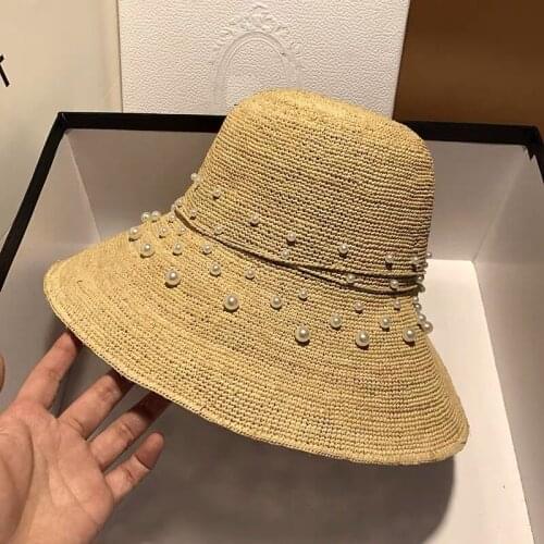 Bucket Hat Summer Women Handmade Raffia Fisherman Hat Accessories Vintage Pearl Decoration Cap Lovely Beach UV Protection K Pop