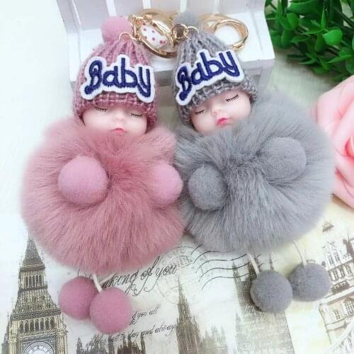 Dropship Soft Plush Doll Keychain Sleeping Cute Baby Ball Keychains Ladies Bag Car key Ornament decor Faux Fur Keyring for kids