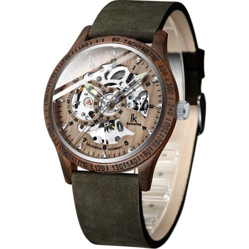 IK Colouring Watch Fashion Casual Wooden Watches Leather Strap Automatic Mechanical Watches Skeleton Watches Montre Homme