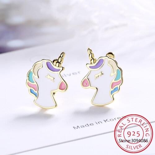 Real 925 Sterling Silver Earring Cute Unicorn Stud Earrings for Ladies Girls Daughters Party Jewelry Best Friend Gift
